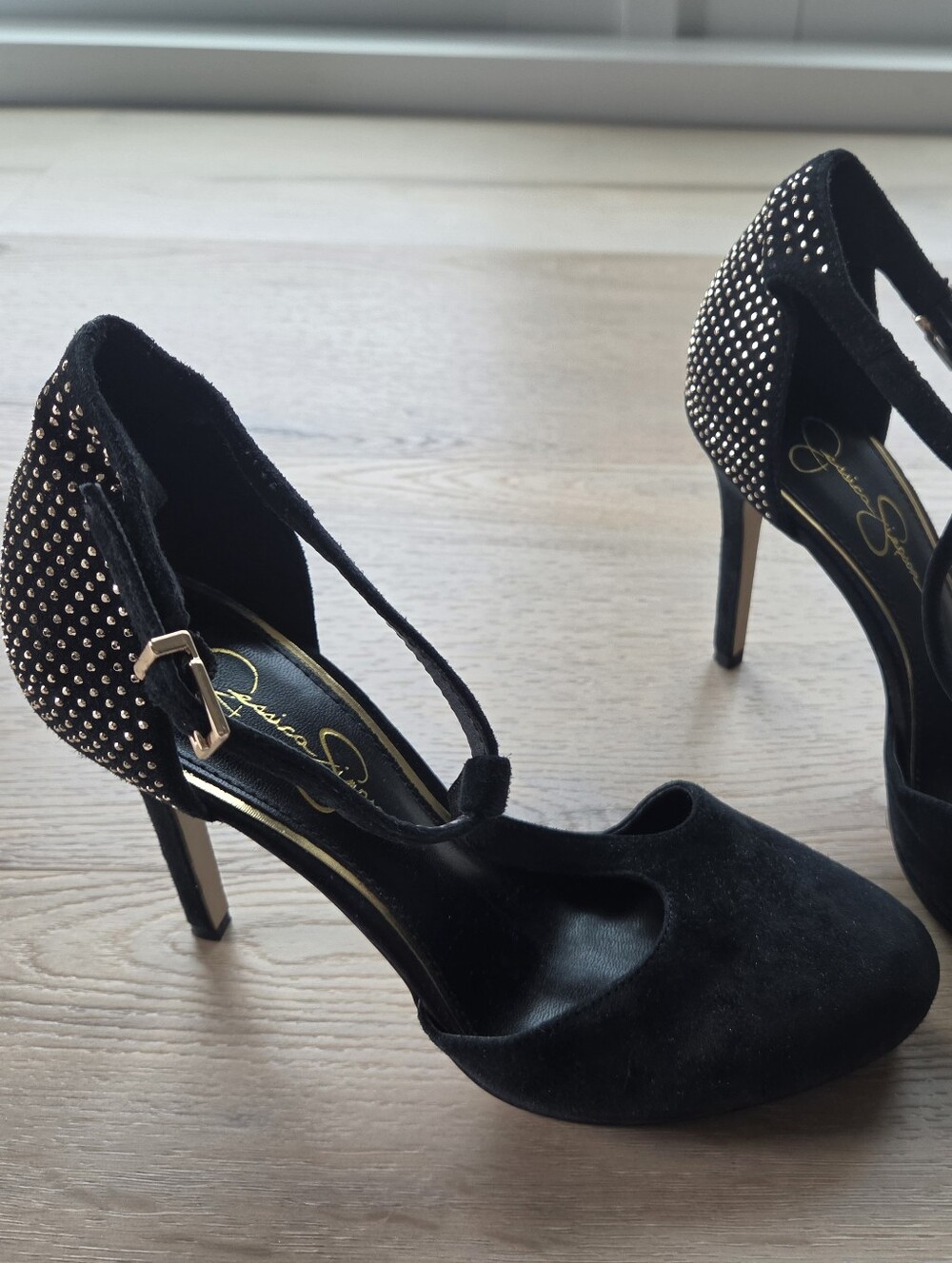 Jessica Simpson Black Suede T-Strap High Heels with Gold Stud Detail Pin Up